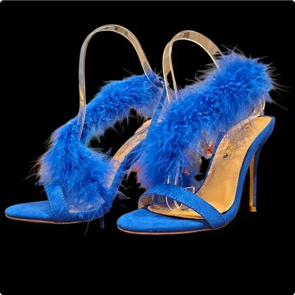 Blue Feather High Heel Slingback Open Toe Sandals - Picture 6 of 8